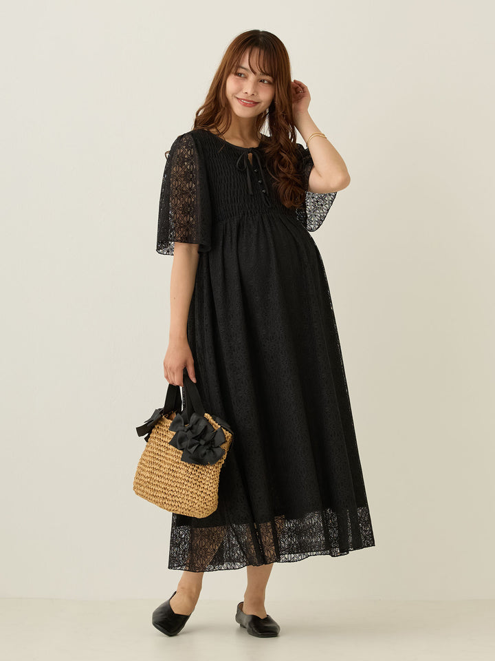 2wayシャーリングレースワンピース Black