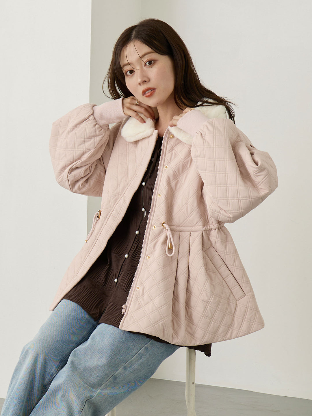 ダッカー付き衿ファーアウター Pink