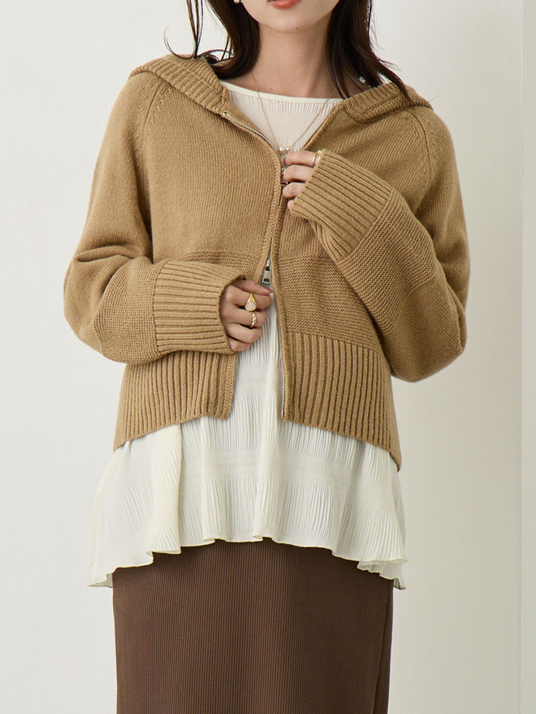 ダブルジップニットカーディガン Beige