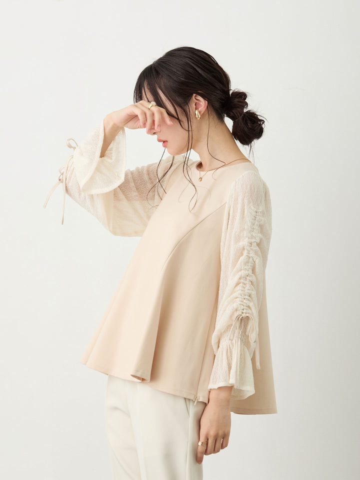 シャーリング袖レーストップス Beige