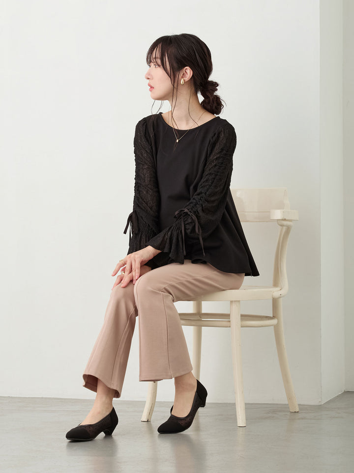シャーリング袖レーストップス Black