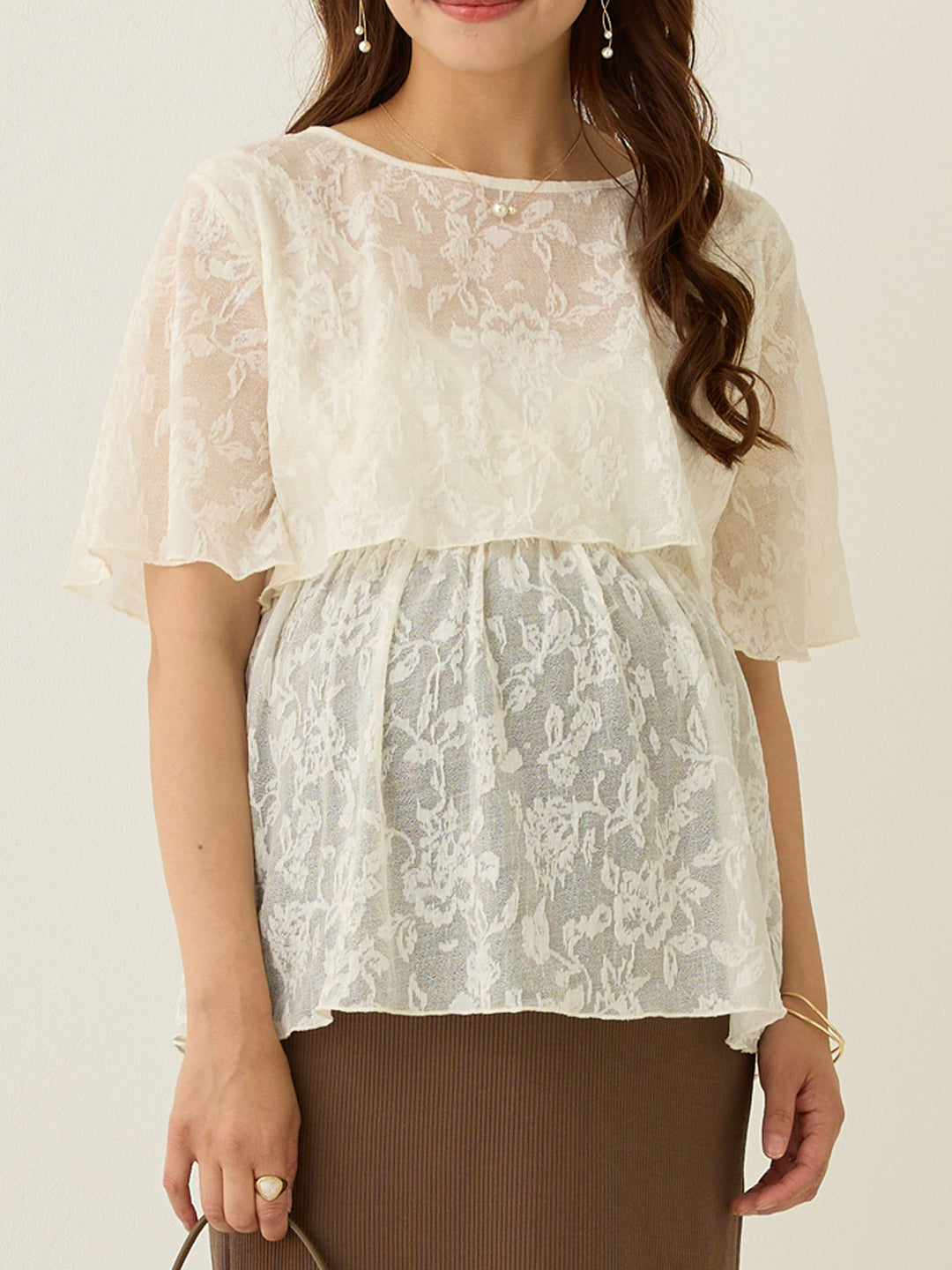 フラワージャガード半袖トップス Ivory